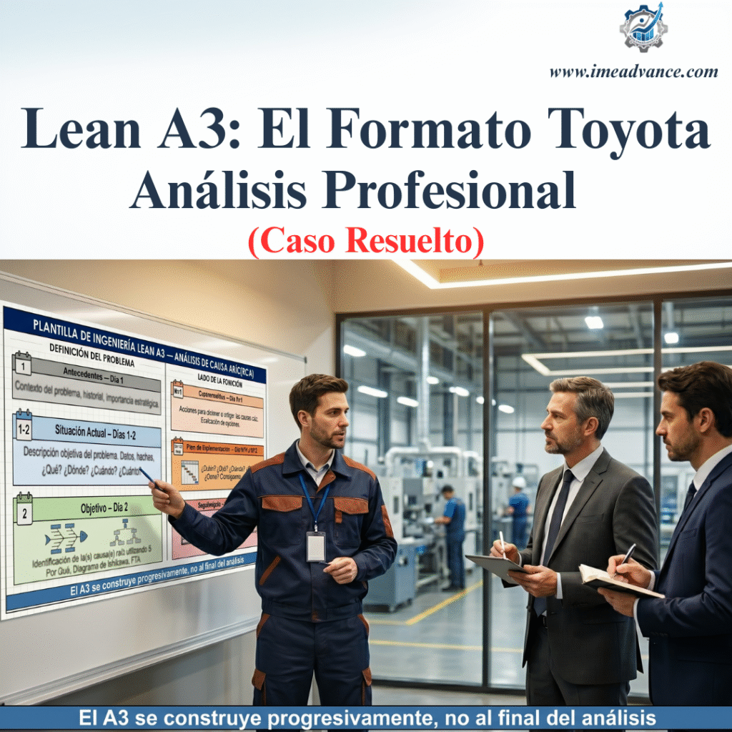 ingeniero presentando un análisis lean a3 a dirección en planta industrial